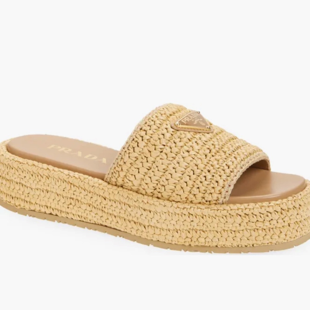 Prada Tan Woven Platform Sandals